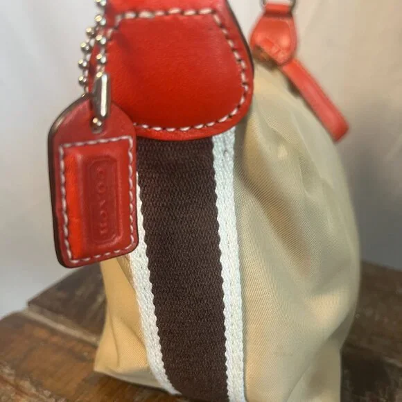 Vintage Coach Hampton Khaki Nylon & Red Orange Leather Mini Bag - Picture 6 of 7